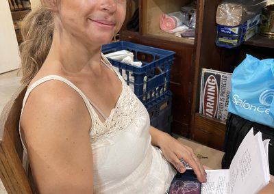 Roxane Langard in the makeup chair getting ready to play the peasant woman